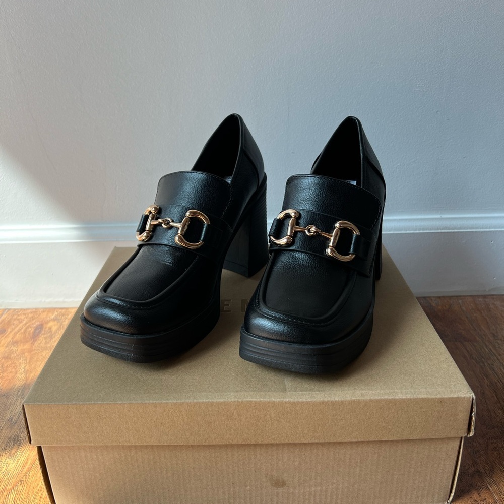 Steve Madden Black Platform Loafers with Gold Detail